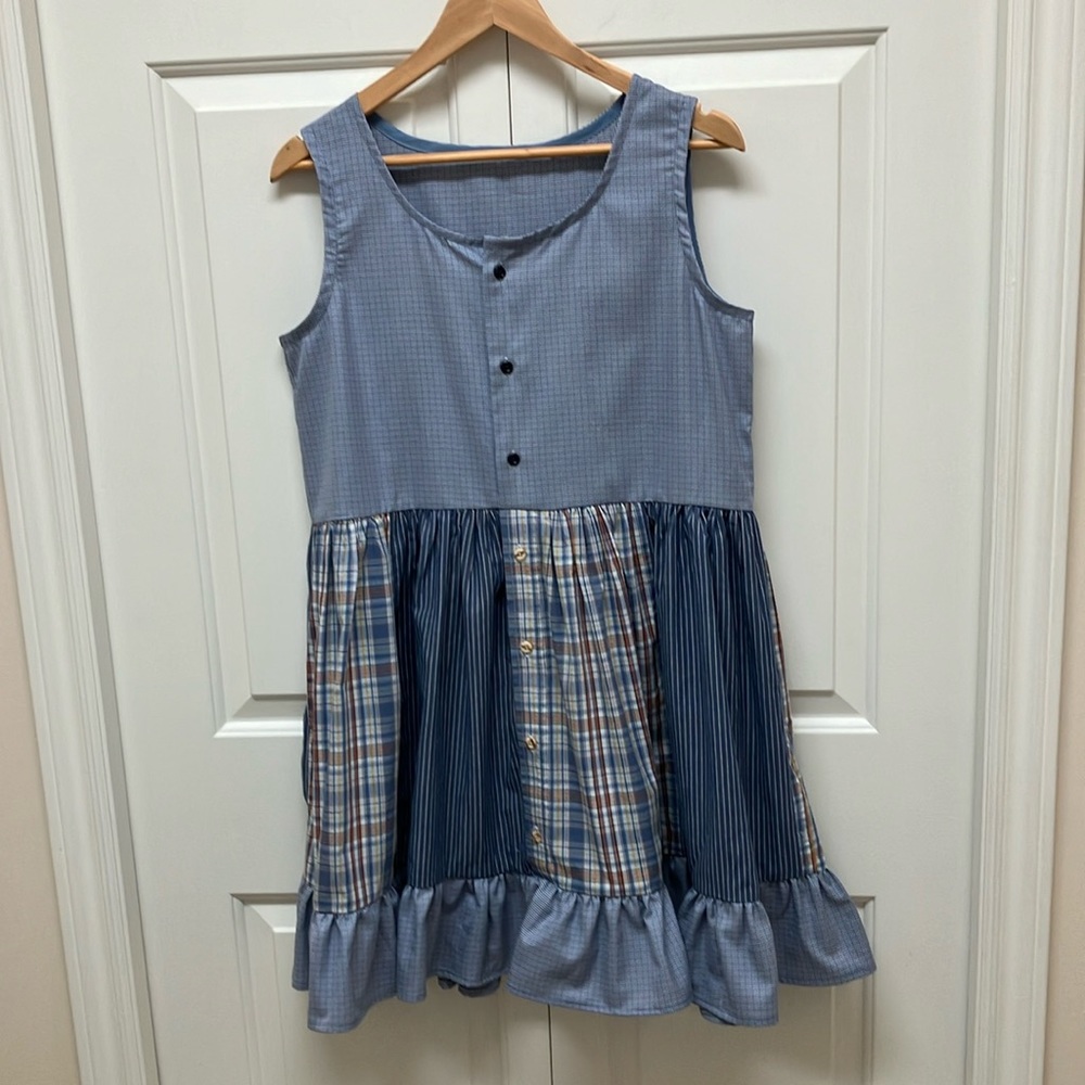 Handmade Twee summer dress, sleeveless, scoop neck, ruffles, blue & white M
